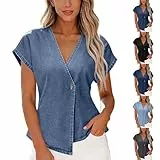 Jamicy Tshirt Damen Kurzarm T-Shirt Sommer V Ausschnitt Sommershirts Lässige Bequeme Oberteile Oversize Vintage Bluse Fashion Freizeit Outfit Retro Classic Damen-Oberteile Blau XXL