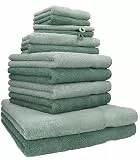 Betz Premium Handtuch-Set 12-teilig – 100% Baumwolle – Oeko-TEX® Zertifiziert – 470 g/m² – 2 Duschtücher, 4 Handtücher, 2 Gästetücher, 2 Seiftücher & 2 Waschhandschuhe - Farbe heugrün/tannengrün