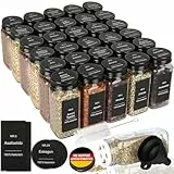 30er Set Gewürzgläser Eckig mit Streueinsatz - mit 324 Deutsch Wasserfeste Label - 120ml Luftdichte Gewürzgläser Schwarz - Gewürzstreuer Glas Organizer - Gewürzbehälter Spice Jars - Gewürzdosen Set