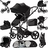 Prokoke Kinderwagen 3 in 1, Kinderwagen Set Einem Klick Faltbar, Kombikinderwagen 3 in 1 mit Umkehrbarem Zwei-Wege-Schub, Buggy Rahmen Aluminiumlegierung Baby Kleinkind Neugeborene (black 588)