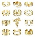 FIOROYAL 12 Stück 18K Vergoldete ringe Set Edelstahl Verstellbare Feder Ringe Schlangen Ring Siegelring Boho Chunky Gold Frauen