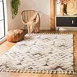 SAFAVIEH Zottelig Teppich für Wohnzimmer, Esszimmer, Schlafzimmer - Moroccan Tassel Shag Collection, Kurzer Flor, Elfenbein und Braun, 160 X 229 cm