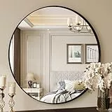 Clevich Luxuriöse Tiefer Rahmen Runder Badspiegel, 80x80 cm, Wandspiegel Rund mit Schwarz gebürstetes Aluminium Rahmen, für Badezimmer, Wohnzimmer, Schlafzimmer, Eingang Wanddekoration, Waschtisch