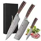 Sunnecko Messerset, Profi Küchenmesser Set 3tlg - Kochmesser set Küche scharfe Messer Set, Ultra Scharfes Kochmesserset mit 20cm Chefmesser, 17cm Hackmesser & 9cm Schälmesser