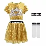 LOLANTA Tanzoutfits mit Pailletten für Mädchen, glitzernde Jazz Hip Hop Tanzkleidung, bauchfreie Oberteile mit Rock, Gold, 6-7 Jahre, 130