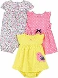 Simple Joys by Carter's Baby Mädchen 3-Pack Romper, Sunsuit Dress Infant-and-Toddler-Rompers, Gelb Vogel/Rosa Punkte/Weiß Floral, 0 Monate (3er Pack)