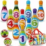 MandA® Bowling Set Kinder - kegelspiel inklusive Tragetasche - Kinderspiele - Geschenk 2-8 Jahren. Enthält 10 19 cm Bowlingkegel und 2 Schaumstoffbälle.