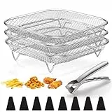 Herogo Heißluftfritteuse Zubehör, 3 Lagig Edelstahl Eckig Frittierkorb Gitter für Heißluftfritteuse, 19,6 cm Grillrost Airfryer Zubehör mit 8 Silikonfüße & 1 Zange, Stapelbare, Spülmaschinenfest