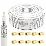Premium X 50m Reines Kupfer Profi Koaxialkabel Vollkupfer 135dB 4-fach geschirmt - 4K 1080p FULL HD HDTV SAT Antennenkabel für TV DVB-S/S2 DVB-C DVB-T2 - inkl. 10x F-Stecker mit Dichtring Wetterschutz