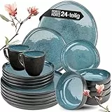 Moritz & Moritz ORGANIC 24-teiliges Geschirrset 6 Personen Blau - Elegantes Teller Set aus hochwertigem Steinzeug - Geschirr Set 6 Personen aus 6x Dinnerteller, Dessertteller, Suppenteller und Tassen