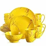 LOVECASA Tafelservice porzellan, SWEET 16-teiliges Kombiservice Set, Ess Geschirrset mit Goldspritzer Design, für 4-12 Personen, Gelb