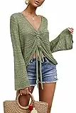 Saodimallsu Damen Tops Flowy Oversized Langarm Frühling Sommer Oberteile V-Ausschnitt Crochet Sexy Pullover Army Green