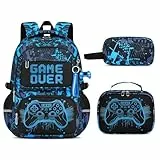 Amythe Schulrucksack Jungen Teenager 3 Teilig, Schultasche Kinder für 3. bis 7. Klasse mit Lunch Tasche Federmäppchen, Schulranzen Wasserdichter Leuchtstoff für 15.6 Zoll Laptop, Blau