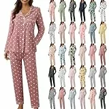 Generisch Schlafanzug Damen Lang Baumwolle Zweiteiler Pjama Nachtwäsche mit Knopfleiste Bequeme Pyjamahose Pjama Set für Damen Frauen Morgenmantel Sleepwear Hausanzug