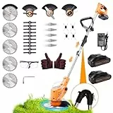 Rasentrimmer mit Akku 21V, Klappbarer Akku Freischneider mit 4.0AH Batterien, Akku Rasentrimmer & Rasenkantenschneider mit 4 Messertypen, Elektro Trimmer Gartenkantenfräser für Garden und Rasen