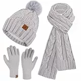 ZASFOU Damen Winter Mütze Schal Touchscreen Handschuhe Set Thermo Chenille Strickmütze Beanie Wintermütze Schals Winterschal Winterhandschuhe Geschenk für Frauen