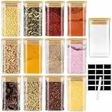 Cinnani 200ml Gewürzgläser Eckig Set luftdicht mit Holzdeckel, 12 Stück Gewürzdosen set Glas Gewürzbehälter Spice Jars Set Leere Gewürzflaschen mit Etiketten, Gewürzaufbewahrung für Kräuter & Tee