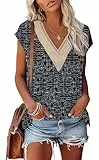 PLOKNRD Sommer Damen T-Shirt Freizeit Top mit V-Ausschnitt Kurzen Ärmeln Spitze Strand Oberteile Schwarze Sterne L