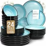 Steingut Geschirrset 6 Personen Ibiza 24 tlg. TESTSIEGER, Traumhaftes Mediterranes Steingut Geschirr Set, Schüssel- und Teller Set, Tafelservice 6 Personen, Geschirrsets Pure Living in Aquamarin