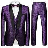 Sliktaa Anzug Herren 3-Teillig mit Schalkragen Muster Hochzeit Formell Business Smoking Jacke Weste und Hose Violett M