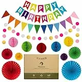 Meowoo Geburtstagsdeko, Regenbogen Geburtstag Party Deko - Happy Birthday Girlande, Wimpelkette, Wabenblumen, Papierfächer - Wiederverwendbare Deko Geburtstag für Männer und Frauen