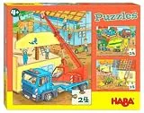 HABA 305469 - Puzzles Auf der Baustelle, Puzzlesammlung mit 3 Baustellen-Motiven für Kinder ab 4 Jahren, Baustellenpuzzles mit je 24 Teilen zum Training der Konzentration und Feinmotorik