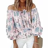 GOTOTOP Damen Schulterfrei Blumenmuster Oberteil Glockenärmel Top Sexy Trägerlos Sommer Elegant Rüschen Carmenbluse mit Spitze(L-Rosa)