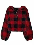 Haloumoning Kapuzenpullover Mädchen Fuzzy Teddy Fleece Hoodie Kinder Freizeit Warm Sherpa Tartan Druck Sweatshirts,Rot,5-6 Jahre