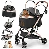 Gimars 4 in 1 Katzenwagen & Hundewagen Bis 20kg Klappbar,360° Gummireifen Katzen Wagen Mit Hinterradbremse, Hundebuggy Mit Netzfenstern Regenschutz Einziehbare Zugstange Für Kleine Hunde Katze Schwarz