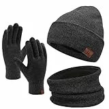 Bequemer Laden Wintermütze Herren Strickmütze, Rundschal, Touchscreen Handschuhe - Sets, Warme Handschuhe Winterschal und Mütze mit Fleecefutter, Dunkelgrau, Einheitsgröße