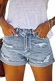ANCAPELION Damen Denim Shorts Mittlere Taille Crimpen Hotpants Ripped Jeansshorts für Sommer C-Hellblau L