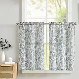 TOPICK Leinen Scheibengardinen Blumen Küchengardinen 2er-Set H90xB65(cm) Landhausstil Modern Gardinen Vorhänge Kurz Bistrogardine für Wohnzimmer Badezimmer Fenster Kurzstores Blau auf Beige