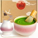 Goodwei Matcha Set komplett mit Matchabesen, Matcha Löffel und Matcha Schale aus Keramik mit Besenhalter im passenden Design | Kunstvoll gefertigte Teeschale Chawan (Kiku, 80)