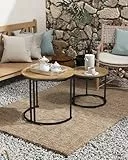 Ginhow Couchtisch Rund Holz 2er Set, Kleiner Beistelltisch Rund Holz, Couchtisch 50 x 50 mit natürlichen Holztrukturen, Coffee Table mit schwarzem Metallrahmen