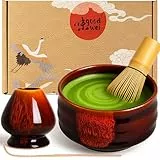 Goodwei Matcha Set komplett mit Matchabesen, Matcha Löffel und Matcha Schale aus Keramik mit Besenhalter im passenden Design | Kunstvoll gefertigte Zeremonieschale Chawan (Akai, 80)