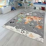 TT Home Kinderteppich Babyzimmer Teppich Kinderzimmer rutschfest Tiere Weltkarte Autos, Farbe:Grau Blau Braun, Größe:160x220 cm
