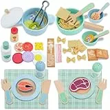 SIMPLIPLAY Spiel-Kochset aus Holz, Holz-Kochset, Montessori-Spielküchenzubehör, Spielzeug-Lebensmittelsets für Kinderküchen mit Spielzeug-Töpfen und -Pfannen, Spielzeuggeschirr, Einkaufstasche