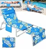LanBlu Sonnenliege Klappbar mit Gesichtsöffnung, 3-in-1 Strandliege Klappbar Leicht Gartenliege mit Kissen&Seitentasche, 5-Fach Verstellbarer Rückenlehne Dreibeinliege Liegestuhl Strand Campingliege
