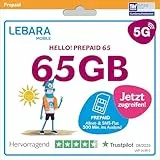 LEBARA Hello! 65 Prepaid SIM-Karte | Handy-Tarif ohne Vertrag | inkl. Allnet Flat Minuten & SMS in alle dt. Netze + 65 GB inkl. 5G + 300 Minuten ins Ausland + EU-Roaming