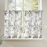 TOPICK Schiebevorhänge Leinen Küchengardinen 60 cm Vintage Floral Tier Fenstergardinen Bauernhaus Cafe Fenster Vorhänge Lichtfilterung Kurzstores für Waschraum Badezimmer 2 Panels Blau