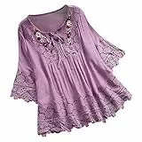 EMATOP Tunika Damen Sommer 3/4 Arm T-Shirt Leicht Baumwolle Leinenbluse Elegant V-Ausschnitt Bluse Tops Sexy Spitze Oberteile Blumen Stickerei Longshirt Bequem Leinen Sommershirts Streetwear