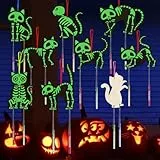 WEDNOK 9 Stück Katzen Windspiel Bastelset Leuchtend Skelett Basteln Kinder Holz Halloween Bastelhandwerk zum Bemalen Schädel Holzbastelset Kreativsets für Mädchen Junge Halloween Tag der Toten