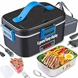 Kimfead Elektrische Lunchbox mit Anzeige Temperatur Lunch Box Elektrisch 80W Electric Lunch Box 1.8L 12V/24V/230V mit Grau Tasche/Besteck, für Auto/Lkw/Büro(Temp-Anzeige Blau)