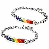 Flongo Gay Schwul Partner Armband, Edelstahl Armband Armreifen Armkette Silber Mehrfarbig Regenbogen Streifen Gay Pride LGBT Schwul Homosexual Homosexuell Panzerkette Kette (2 Stück, Damen/Herren)
