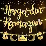 Joellfuner Ramadan Kareem Banner, Hoşgedin Ramazan Islam Banner Deko mit LED-Lichterkette, Eid Mubarak Hanging Party Garland, Moon Star Lantern Castle Girlande Ramadan Eid Decorations