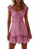 Cicy Bell Damen Sexy Blumendruck Mini Kleid Smocked Rüsche Boho Kleider Tie Front Sommerkleid Rosarot M