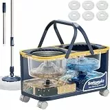 Sarkunpio Wischmopp Set mit Eimer, Bodenwischer Set mit Auswringfunktion mit 4-Kammer & 4-Rad, Schmutzwasser Trennung, 360° Drehmopp Floor Mop mit 6 Wischmopp Mikrofaser für Holz, Laminat und Fliesen