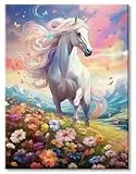 AG.AIIEU Malen nach Zahlen kinder und Erwachsene, DIY ab 7 8 9 Handgemalt Ölgemälde Pferde in der Blume - Paint by Numbers Adult Mit - 3 Pinseln und Acrylfarbe knitterfreie leinwand Kit - 40 x50 cm