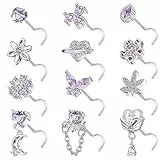Kakonia 12Stück 20G Nasenpiercing Stecker für Damen Edelstahl Nasenstecker Silber L S Form Korkenzieher Piercing Nase Nose Stud Nostril Piercing für Damen