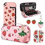 DLseego Tragetasche für Switch 2,Rosa Tragbar Reise Spiel Tasche,Thema Erdbeere Zubehör mit NS 2 Dockbare Schutzhülle,2PCS Daumen Griff Kappen und 1PC Charme,Groß Erdbeere